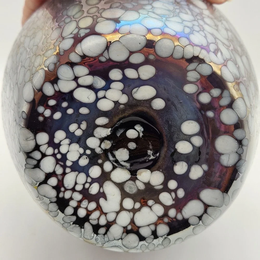 Purple Handblown Art Glass Vase Iridescent Confetti Splatter Large 9.5